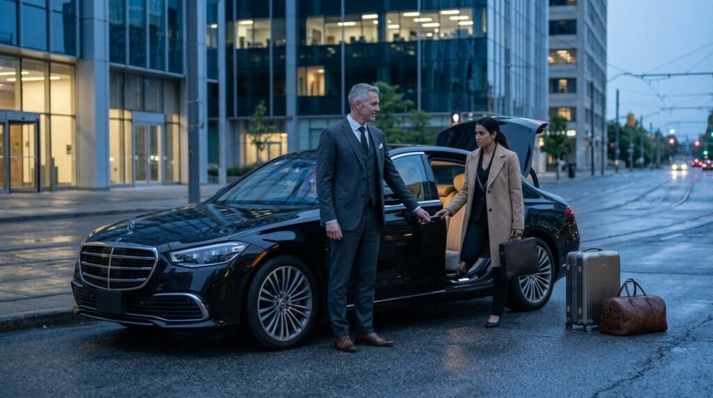 Affordable Mississauga Pearson Limo: Locked Flat Rates & Zero Driver Cancellations for Departure Gates 8 Caucasian chauffeur in dark suit closing executive vehicle door for an affordable Mississauga Pearson limo passenger.