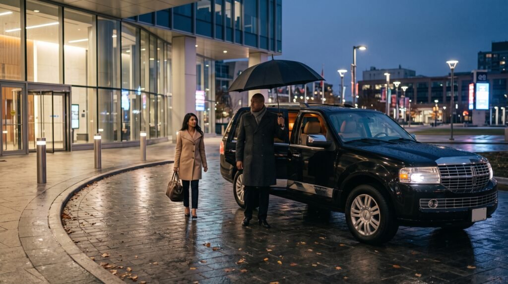 Best Peel Region Airport Limo Service: Locked Flat Rates & Zero Driver Cancellations for Departure Gates 1 Professional chauffeur in tailored suit opening door of black luxury car for the best Peel Region airport limo service.