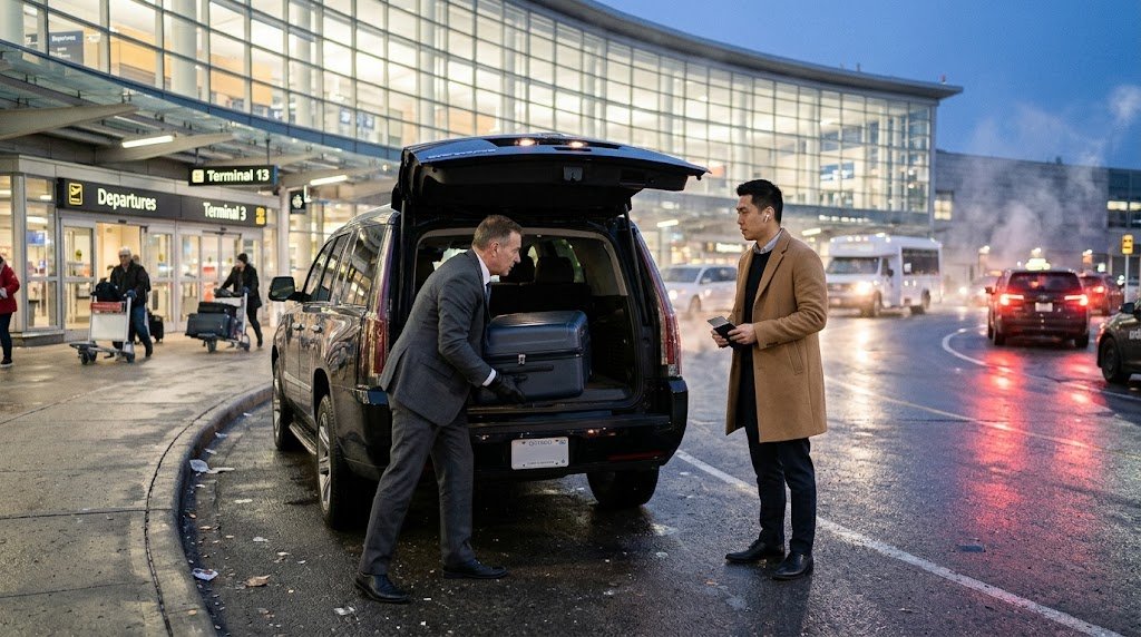 Professional chauffeur loading luggage into black luxury SUV outside airport terminal to book Brampton to Pearson limo.